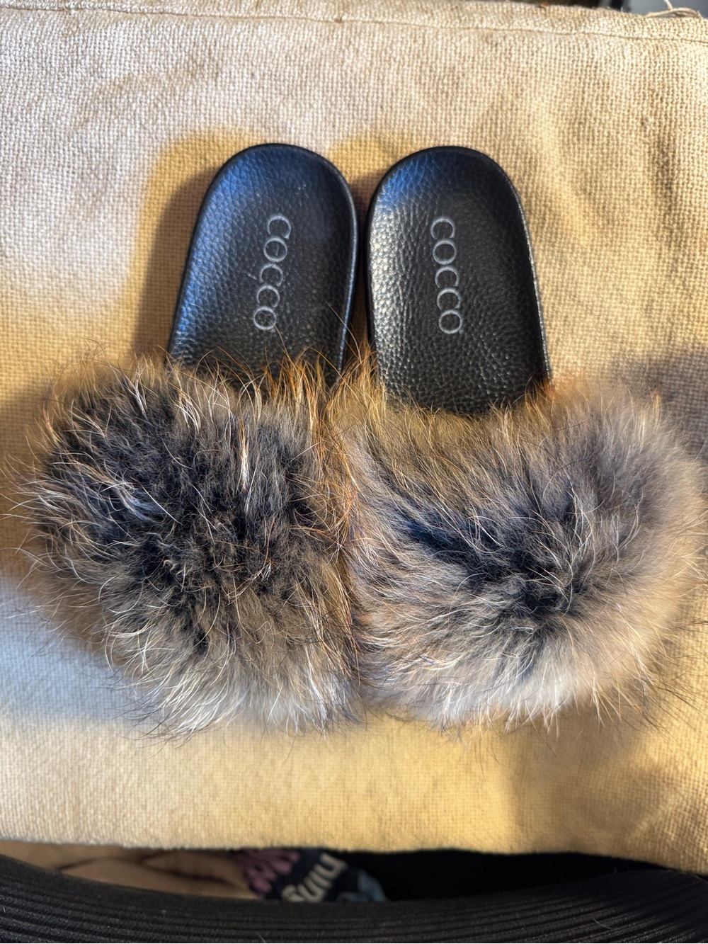Womens Black Slides with Brown Faux Fur Puff
